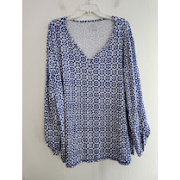 T by Talbots Women Blue & White Jersey Knit V-Neck UPF 50+ Prtotection Top sz 3X - Picture 1 of 6